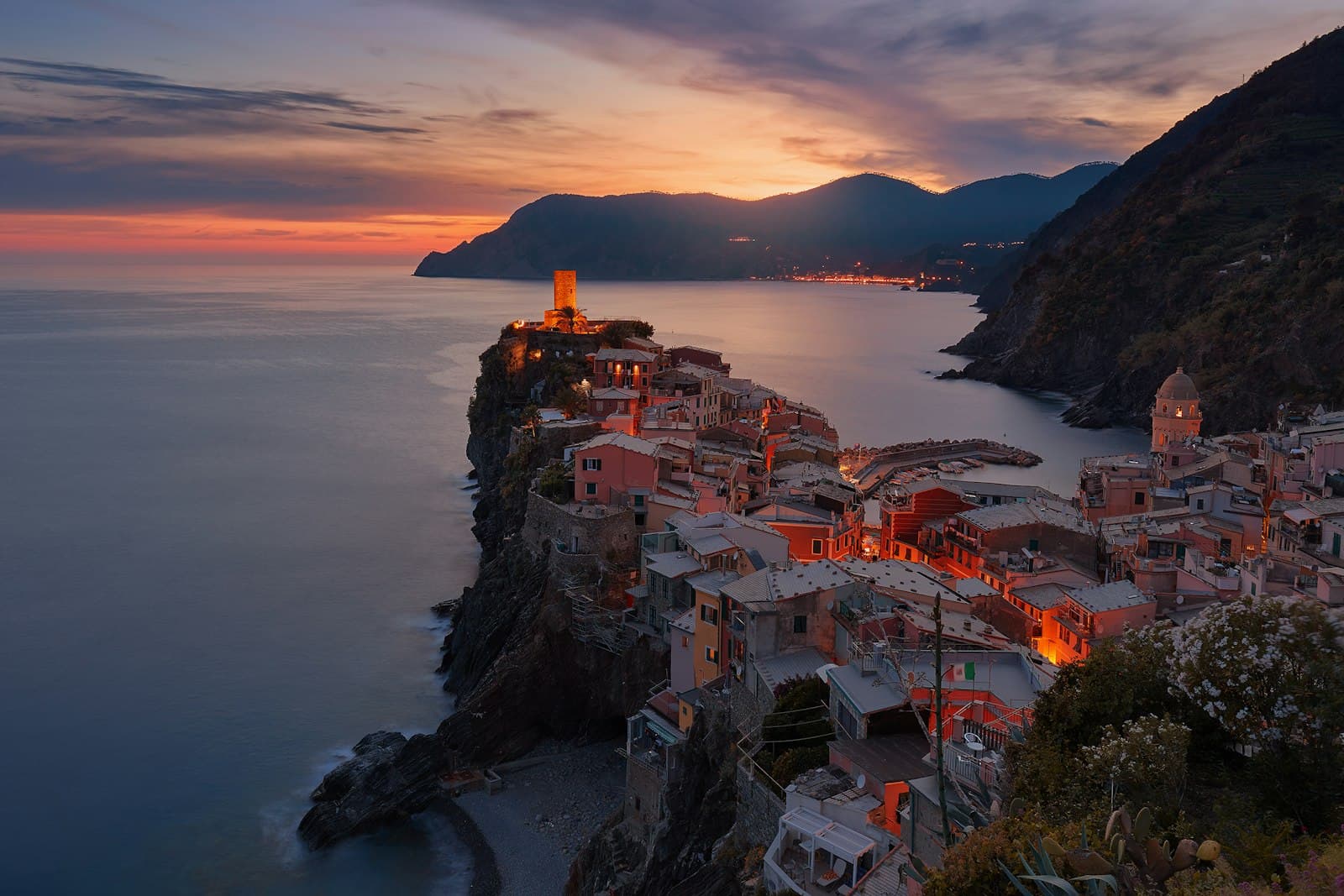 The Amalfi coast at dusk, cliffs falling to the sea