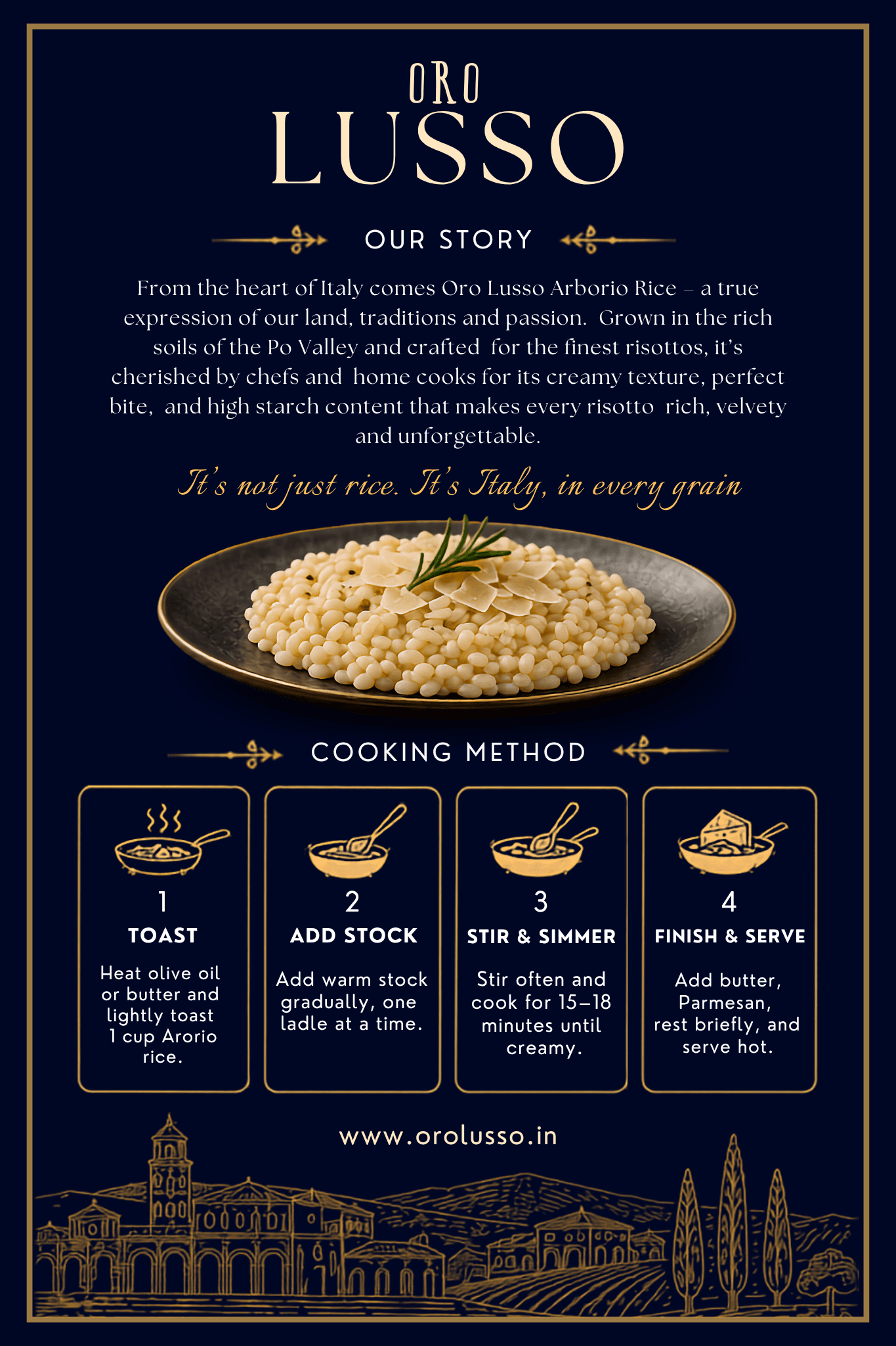 Oro Lusso Arborio Rice — pack reverse with cooking method